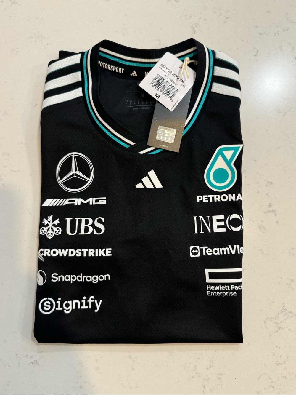 Adidas Black Mercedes-AMG Petronas Team Jersey with Teal Accents - JY2607
